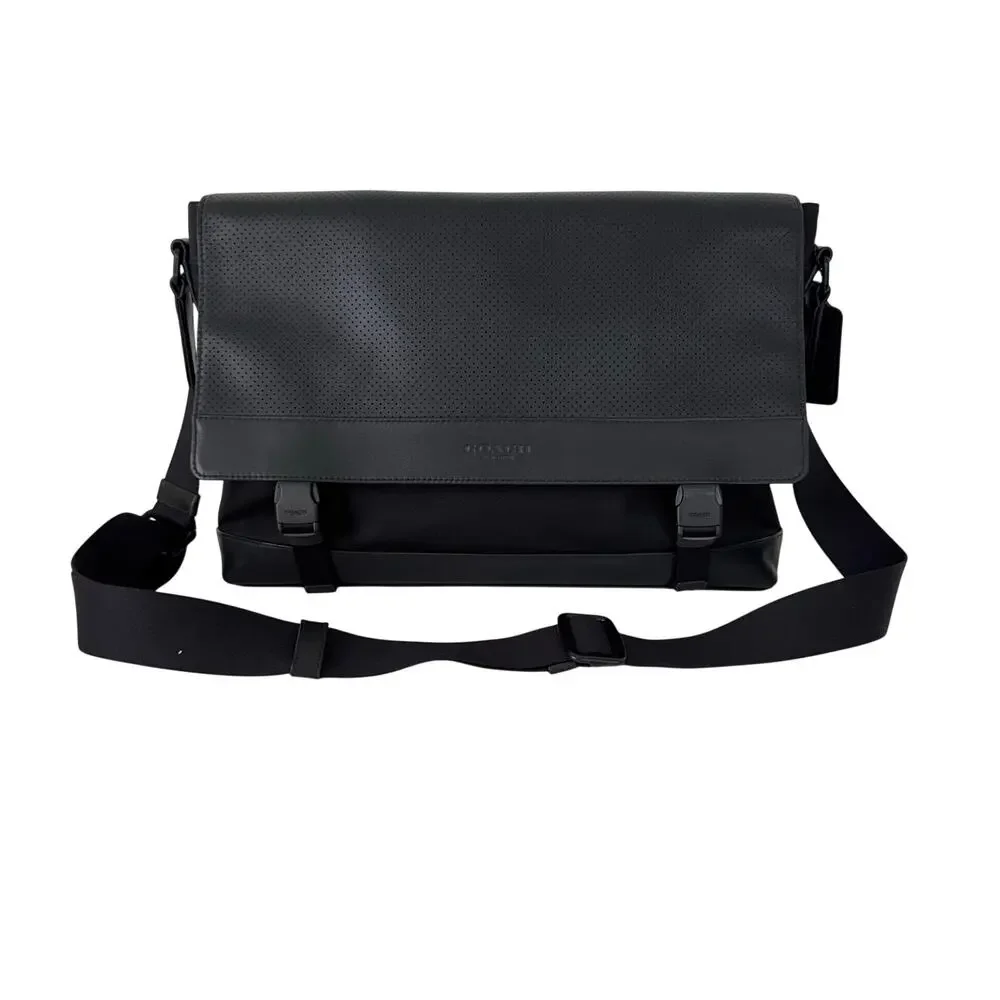 Coach Perforated Leather Nylon Sport Messenger Bag Black F71969